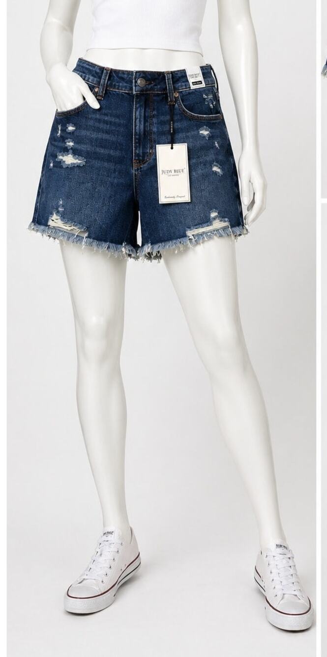 Judy Blue Denim Shorts 34" 2XL High Rise rigid front Distressed Raw Hem Stretch